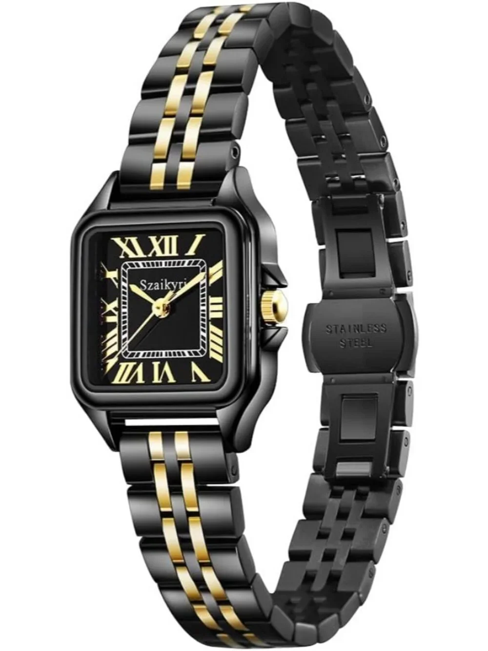 Women's Gold and Black Square Dial Dainty Vintage Stainless Steel Band Watches